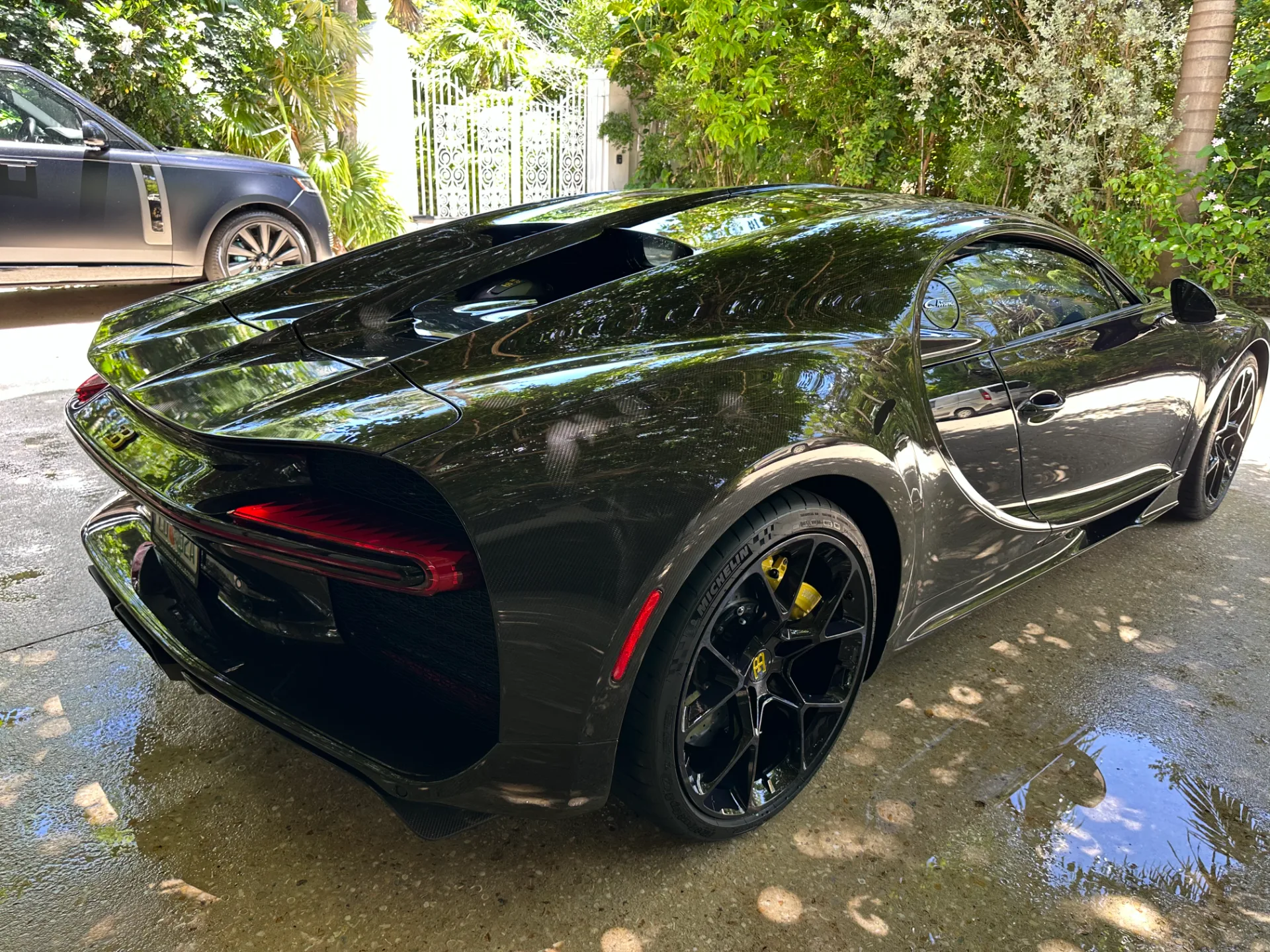 Rear of a carbon-fiber Bugatti Chiron after detailing