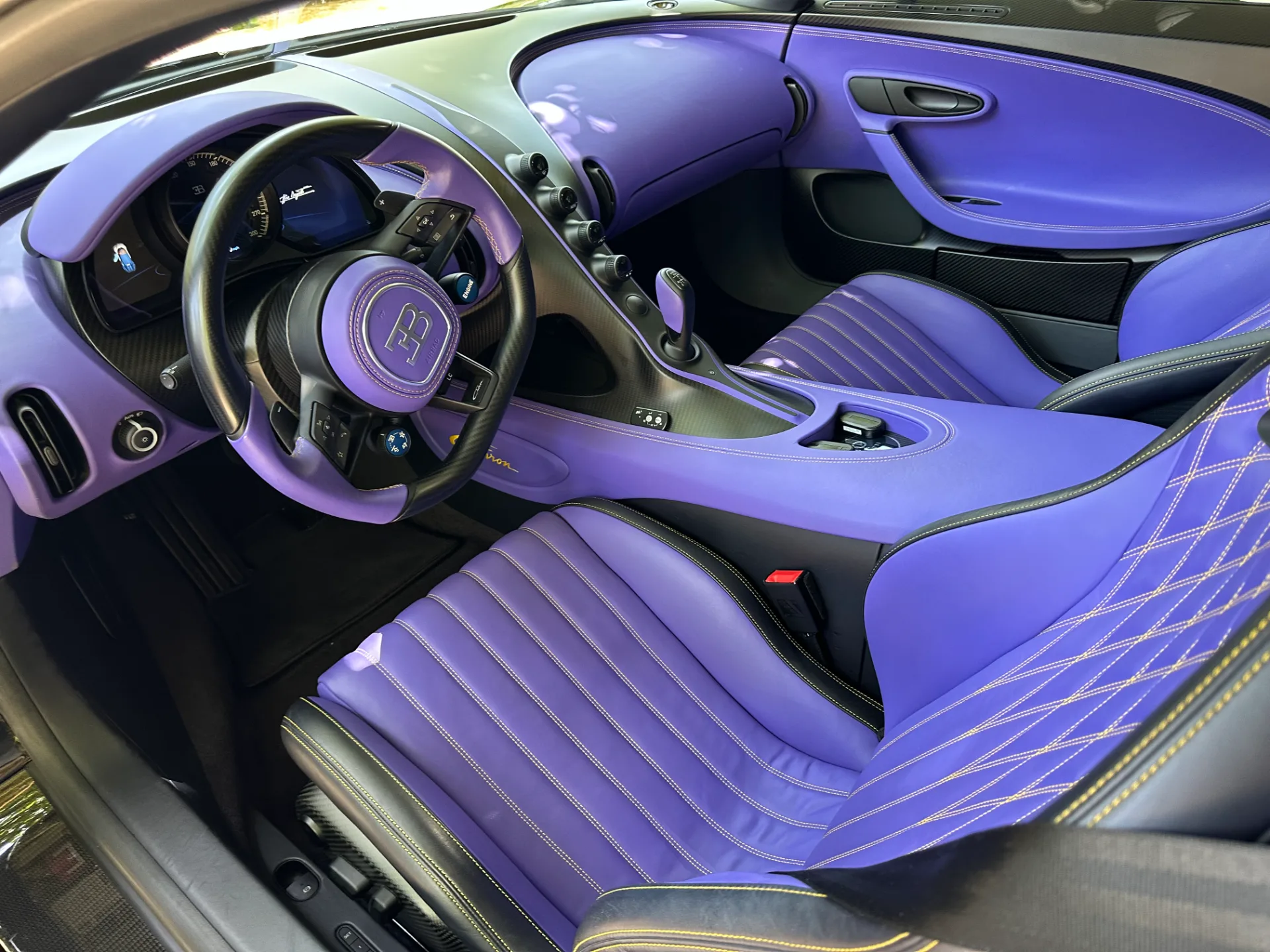 Purple leather and carbon Bugatti Chiron interior after detailing